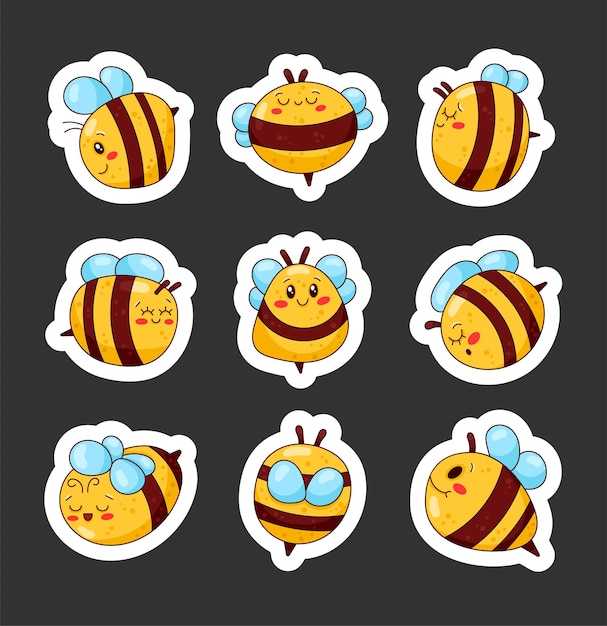 Personagens de desenho animado de abelhas bonitos sticker bookmark abelha de mel com um rosto sorridente estilo desenhado à mão
