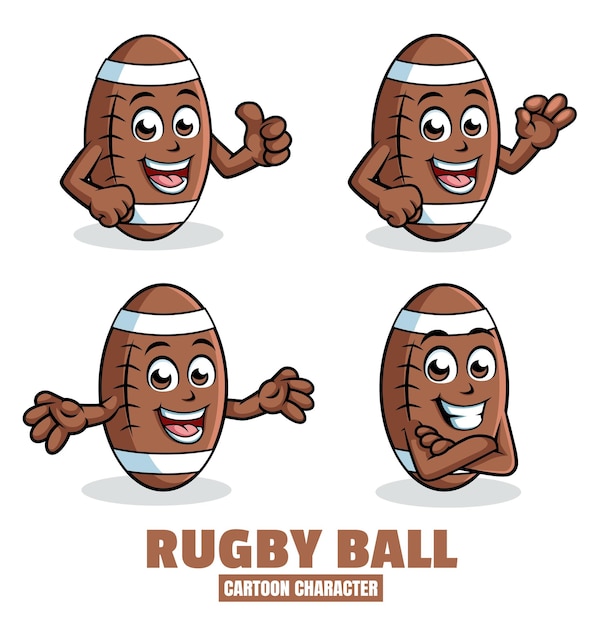 Vetor personagens de desenho animado de bola de rugby em diferentes poses conjunto de ilustrações vetoriais