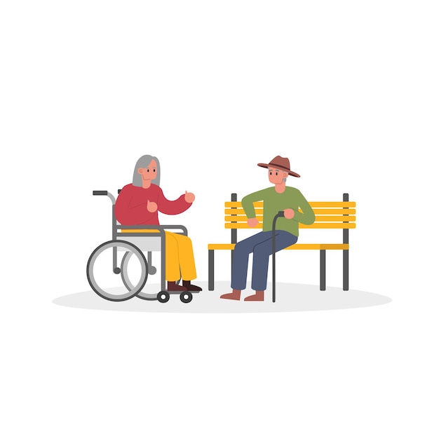 Personagens de desenho animado de homem e mulher sênior em cadeira de rodas conversando no parque
