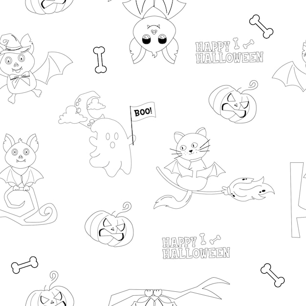 Personagens de desenho de contorno sem costura Halloween gato fantasma morcego