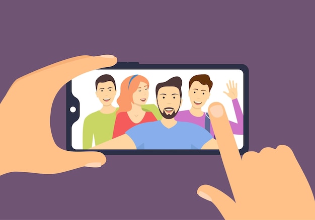 Personagens de desenhos animados a cores Pessoas Amigos tirando uma foto Conceito Vector
