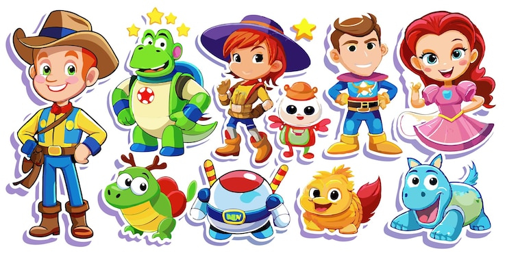 Vetor personagens de desenhos animados, cowboy, princesa, super-herói e alienígenas.