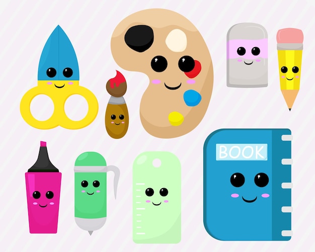 personagens de desenhos animados da escola estacionário Set De volta à escola kawaii vetor