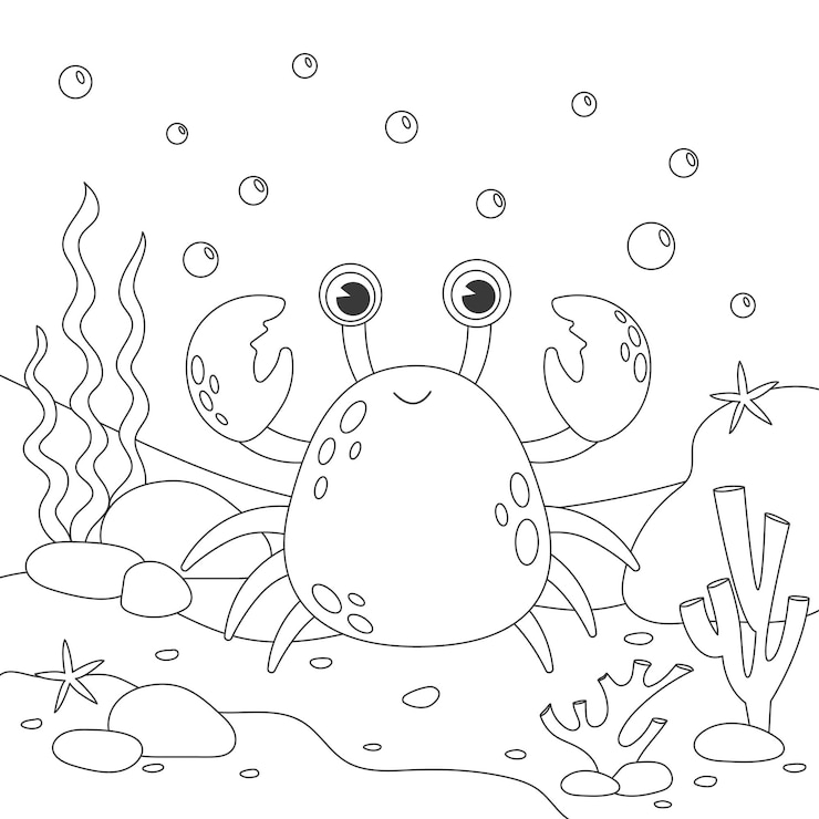 Vetor personagens de desenhos animados de caranguejo engraçados livro de colorir para crianças com caranguejos vida subaquática desenhada à mão