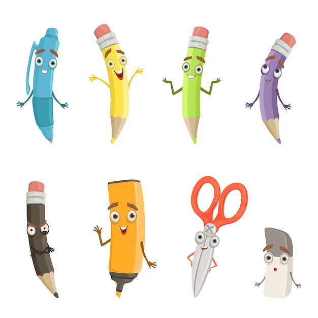 Personagens de desenhos animados de diferentes ferramentas de desenho.