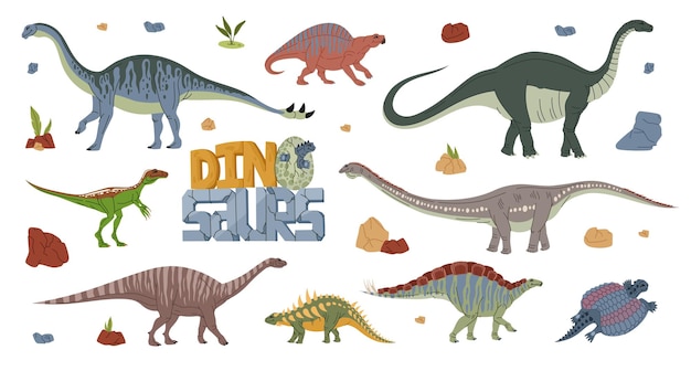 Vetor personagens de desenhos animados de dinossauros, animais monstros pré-históricos vetoriais e personagens bonitos de bebês dinossauros. melanorosaurus feliz, eoraptor, henodus e lotosaurus, shunosaurus, wuerhosaurus, dinossauros apatosaurus