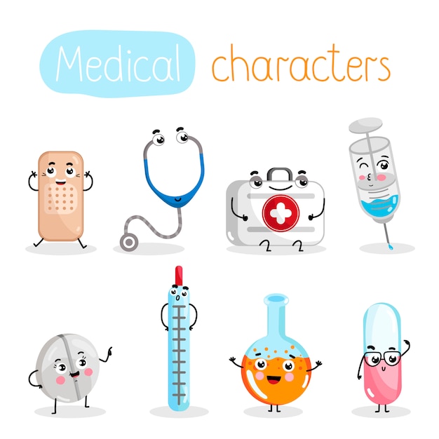 Personagens de desenhos animados de equipamento de medicina engraçada