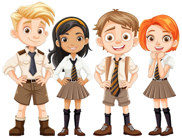 Personagens de desenhos animados de estudantes meninos e meninas em uniforme