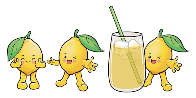 Vetor personagens de desenhos animados de limão e um copo de limonada