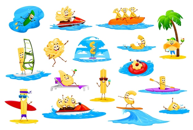 Vetor personagens de desenhos animados de macarrão em férias de verão na praia