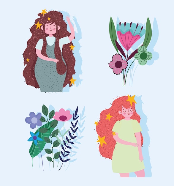 Personagens de desenhos animados de mulheres bonitas com flores e folhas.