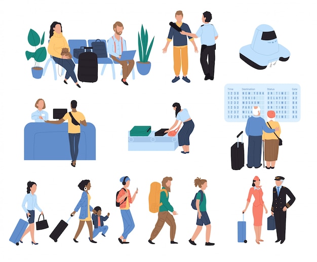 Personagens de desenhos animados de passageiros do aeroporto, ilustração