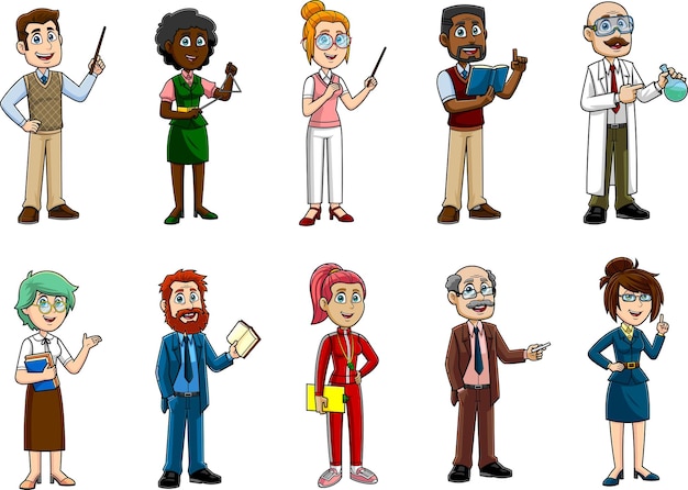 Vetor personagens de desenhos animados de professores. conjunto de coleção desenhado à mão vetorial isolado em fundo transparente