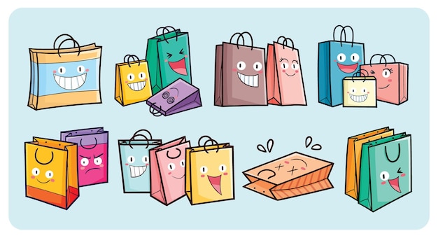 Vetor personagens de desenhos animados de sacolas de compras engraçadas em muitas expressões