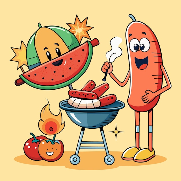 Personagens de desenhos animados de salsicha de melancia e tomate desfrutando de um churrasco
