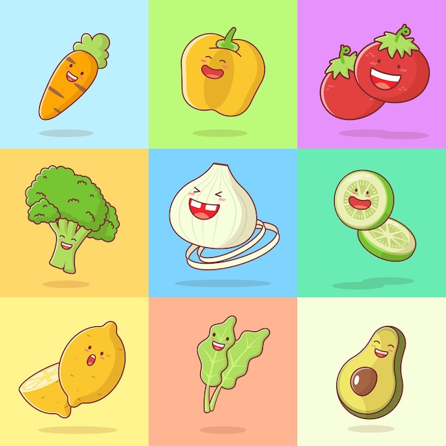 Personagens de desenhos animados de vegetais bonitos definem alimentos orgânicos e saudáveis vegetais