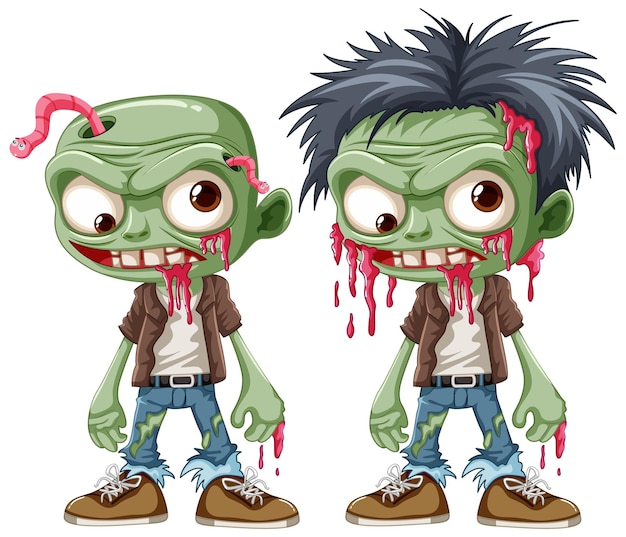 Personagens de desenhos animados de zumbi verde, um conjunto de ilustrações vetoriais