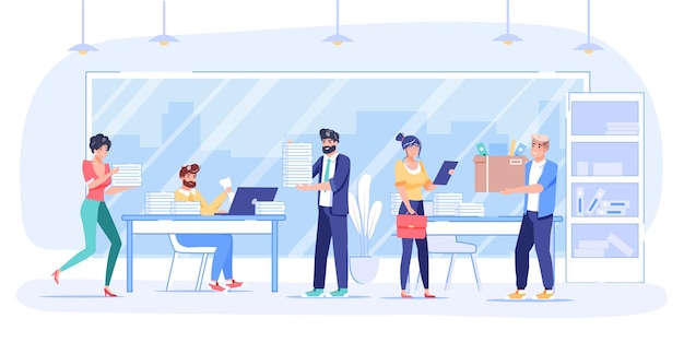 Personagens de desenhos animados planos de funcionários no trabalho, realizam tarefas. Trabalhadores de escritório de funcionários com pressa, trabalham no laptop, carregam o fluxo de trabalho de coisas de escritório, conceito de banner de site de prazo