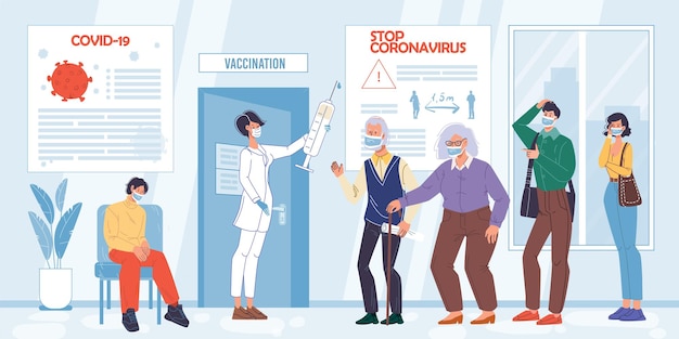 Vetor personagens de desenhos animados planos de pacientes esperando vacinação