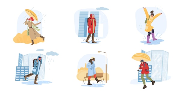 Personagens de desenhos animados planos fazendo atividades de outono e caminhando ao ar livre na chuva - conceito social de moda, emoções e estilo de vida saudável