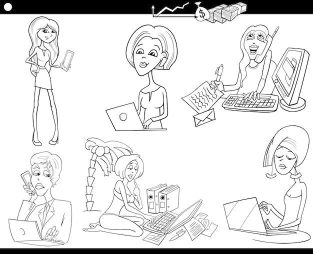 Personagens de empresárias de desenhos animados preto e branco no conjunto de trabalho