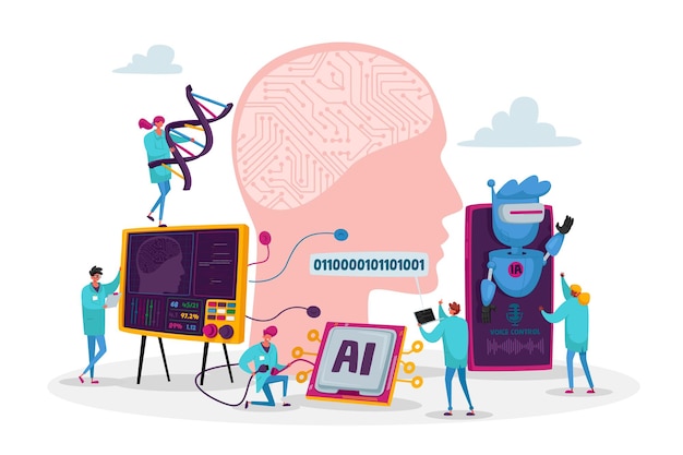 Personagens de engenheiros criam e programam inteligência artificial. Robô de Hardware, Engenharia de Software em Laboratório com Equipamentos Hi-Tech