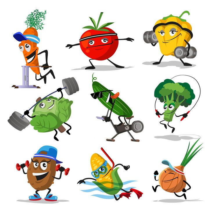Vetor personagens de esportes vegetais. comida vegetal engraçada com rostos felizes e sorridentes no exercício do esporte, pepino de pimentão amarelo, cenoura de brócolis, ilustração vetorial.