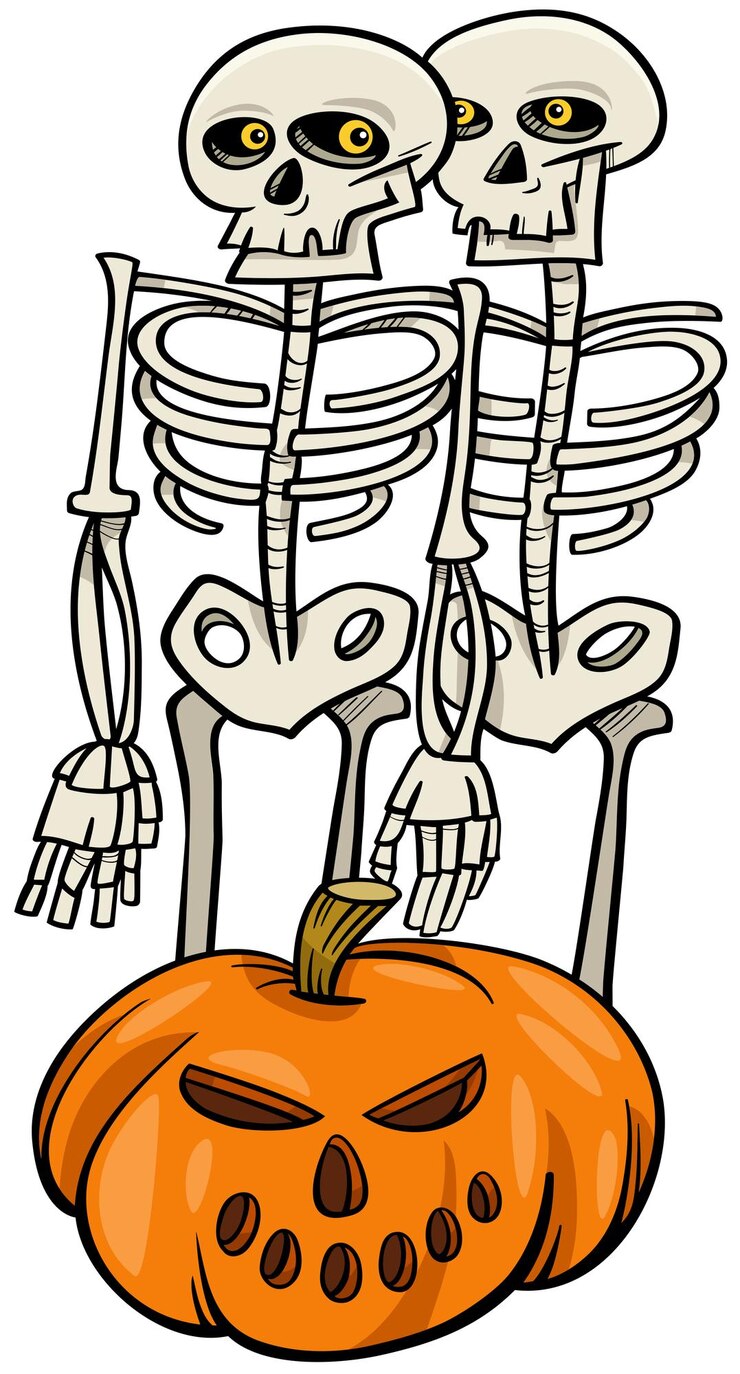 Vetor personagens de esqueleto de desenho animado com abóbora de halloween