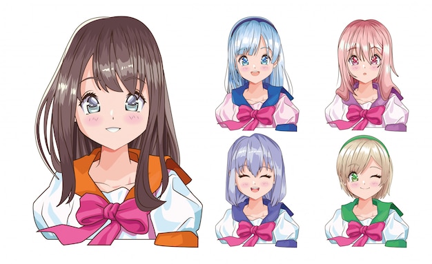 Vetor personagens de estilo anime mulheres jovens vector design ilustração