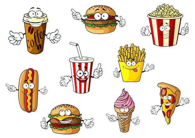 Personagens de fast food e take-away de desenhos animados coloridos