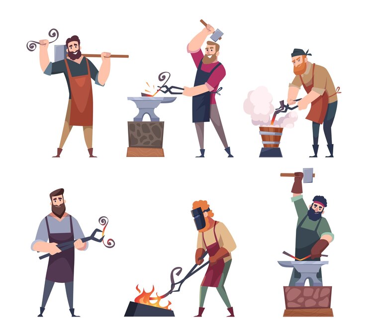 Vetor personagens de ferreiro trabalhadores medievais fazendo espadas de faca capacetes armaduras de oficina de martelo de aço fundição trabalham ilustrações vetoriais exatas