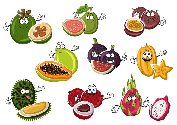 Vetor personagens de frutas asiáticas exóticas maduras