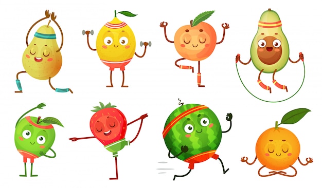 Personagens de frutas ioga. frutas em poses de exercícios de fitness, comida de bem-estar e esporte engraçado fruta conjunto de ilustração dos desenhos animados