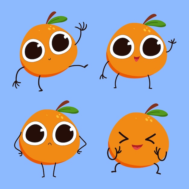 Personagens de frutas laranja com expressões faciais