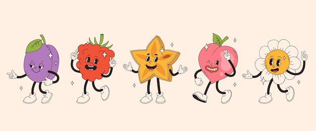 Vetor personagens de frutas retro groovy funky mascote de desenho animado de ameixa framboesa karambola pêssego e flor de margarida com rosto sorridente feliz personagem de estilo vintage divertido