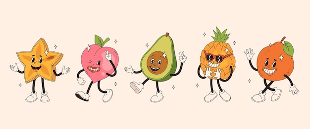 Vetor personagens de frutas retro groovy funky mascote de desenho animado de karambola pêssego abacate abacaxi laranja com rosto sorridente feliz personagem de estilo vintage divertido