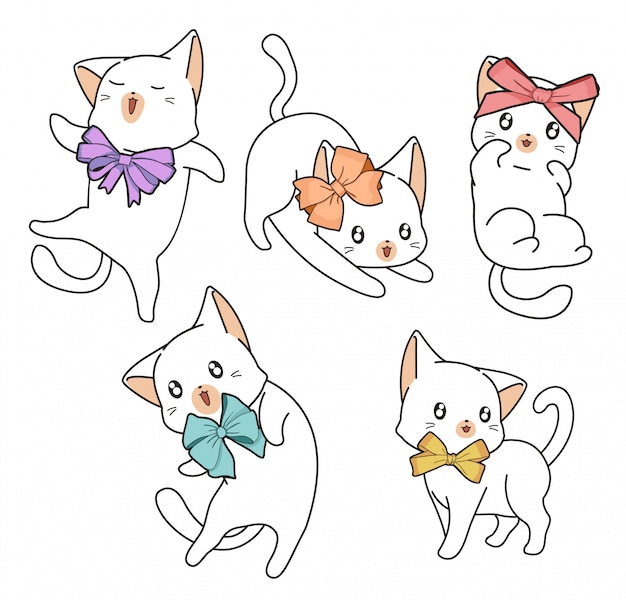 Personagens de gato adorável mão desenhada com um laço