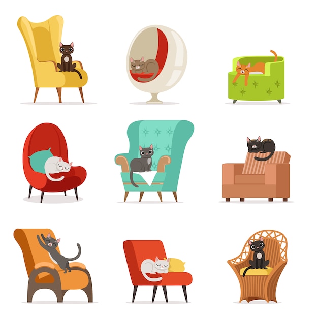 Personagens de gatos diferentes bonitos deitado e descansando no conjunto de poltronas de ilustrações