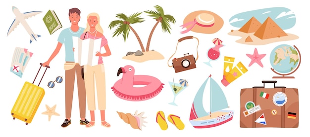 Vetor personagens de homem de mulher viajante dos desenhos animados em viagem de férias com objetos de viagem bagagem de passageiros tou