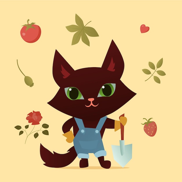 Personagens de jardineiro de gato fofo com elementos florais