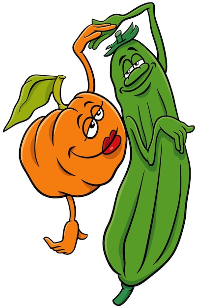 Personagens de legumes de abóbora e pepino de desenho animado apaixonados