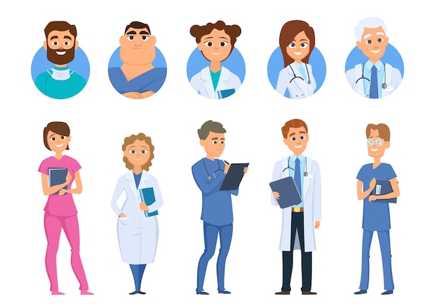 Ilustração dos desenhos animados da equipe de equipe médica do hospital,  personagens de médicos e enfermeiros.