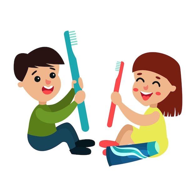 Personagens de menino e menina doces sentados no chão com escovas de dentes cartoon ilustração isolado em um fundo branco