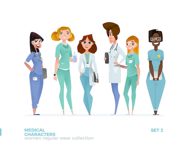 Personagens de mulheres médicas em pose de pé. Projeto Uniforme Especial.