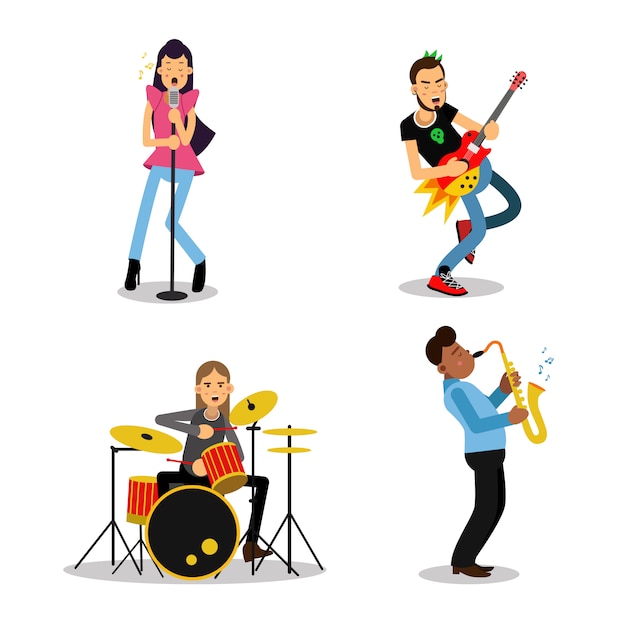 Vetor personagens de músico com diferentes instrumentos musicais, ilustrações