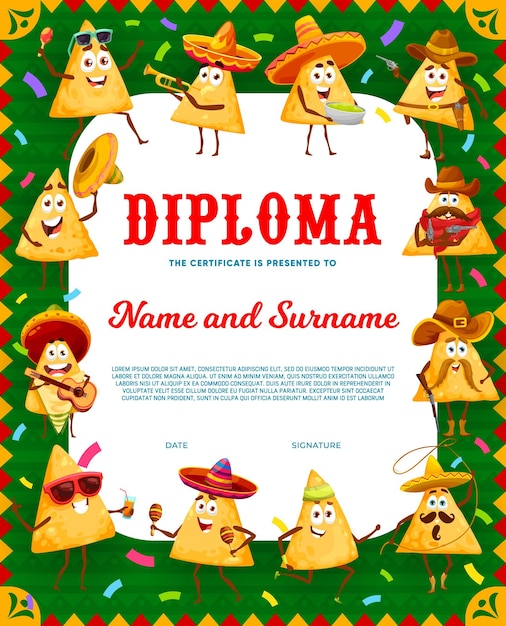 Personagens de nachos mexicanos dos desenhos animados do diploma das crianças