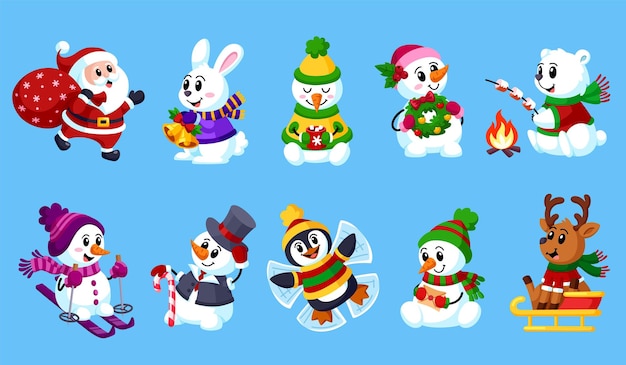 Personagens de natal de desenhos animados bonitos coleção de bonecos de neve papai noel e pinguim boneco de neve de esqui feliz ano novo animais feliz natal conjunto de vetores berrante