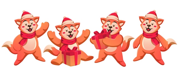 Personagens de natal de raposa com chapéu de papai noel, presentes e cachecóis
