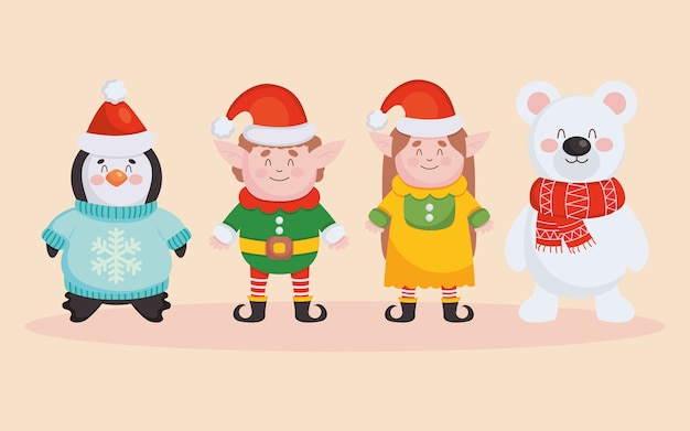 Personagens de natal em pé.