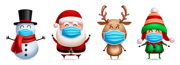 Personagens de natal no conjunto de vetores de máscara facial. papai noel, elfo, boneco de neve e renas.